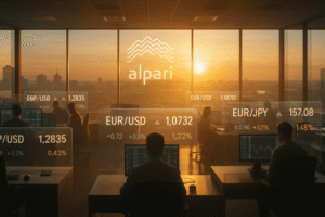 Traders at desks with digital overlays showing Alpari logo and live forex rates including EUR/USD, GBP/USD, and EUR/JPY at sunset